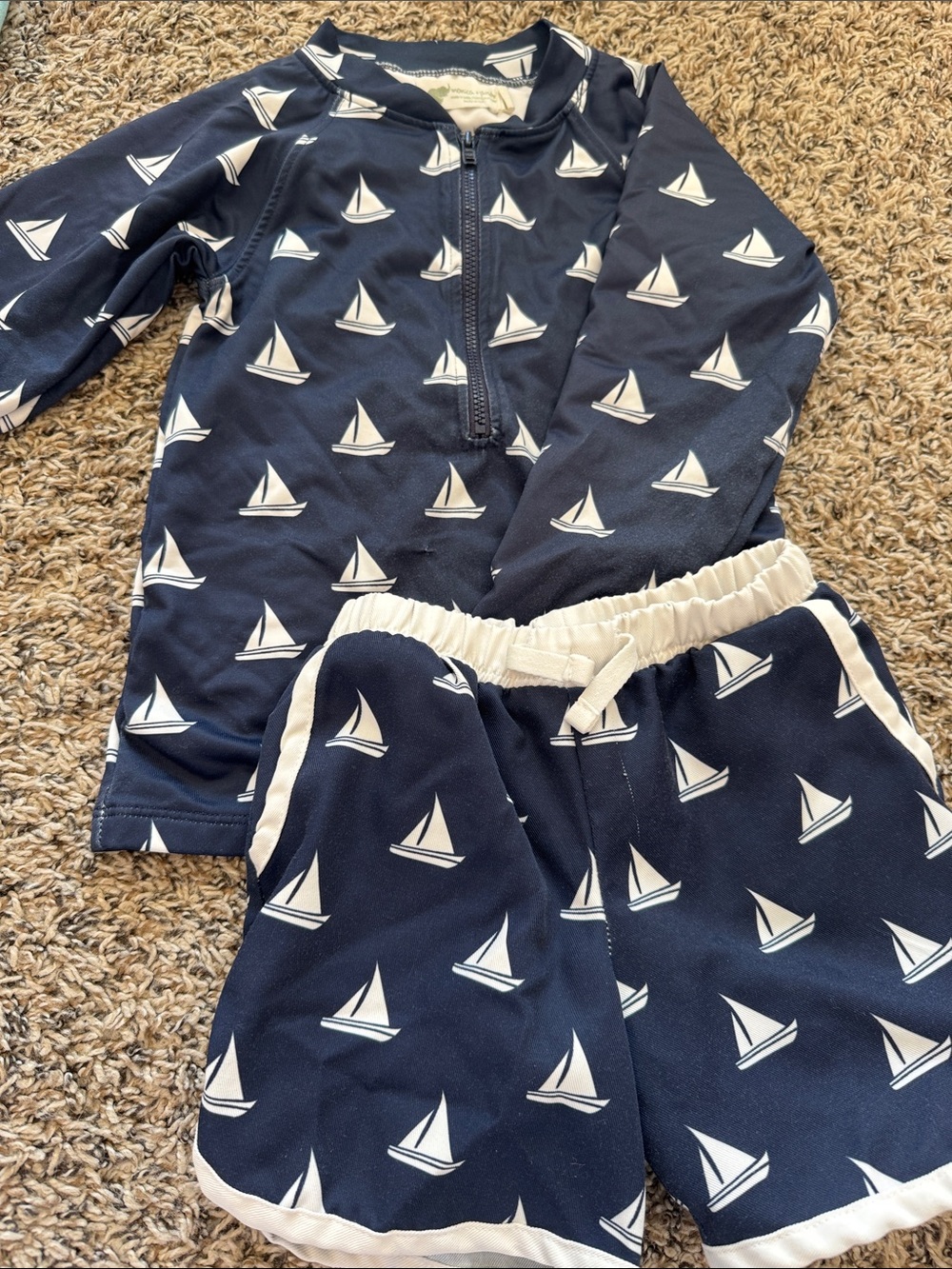 Kids Navy Sailboat Swim Trunks & Rash Guard Set